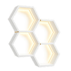 hexagon wall shelf production in Turkey – modern white design with LED lights.